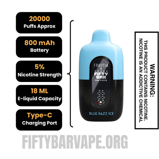 Blue Razz Ice Fruitia X Fifty Bar 20K Vape Specifications: Blue Razz Ice Fruitia X Fifty Bar 20K Vape Specifications: