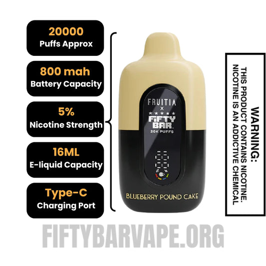 Blueberry Pound Cake Fruitia X Fifty Bar 20K Vape Specifications Blueberry Pound Cake Fruitia X Fifty Bar 20K Vape Specifications