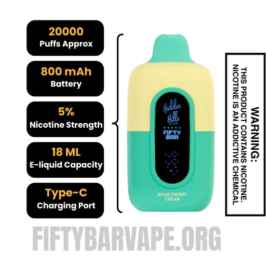 Honeyberry Cream Hidden Hills X Fifty Bar 20K Vape Specifications Honeyberry Cream Hidden Hills X Fifty Bar 20K Vape Specifications