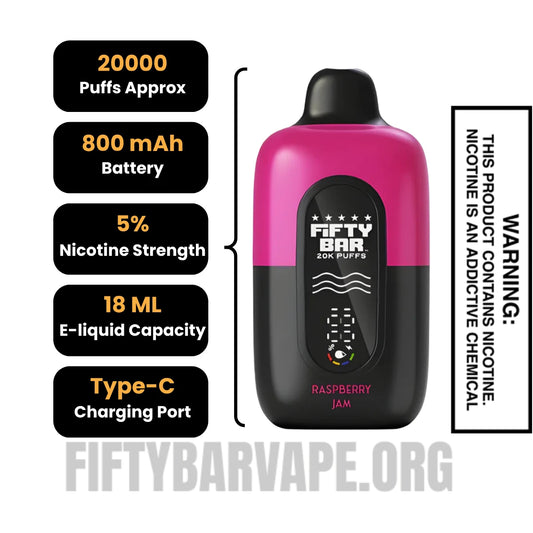 Raspberry Jam Fifty Bar 20K Disposable Vape Specifications Raspberry Jam Fifty Bar 20K Disposable Vape Specifications