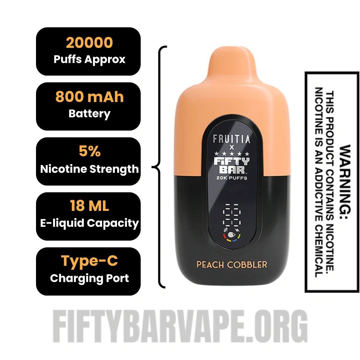 Peach Cobbler Fruitia X Fifty Bar 20K Disposable Vape specifications Peach Cobbler Fruitia X Fifty Bar 20K Disposable Vape specifications