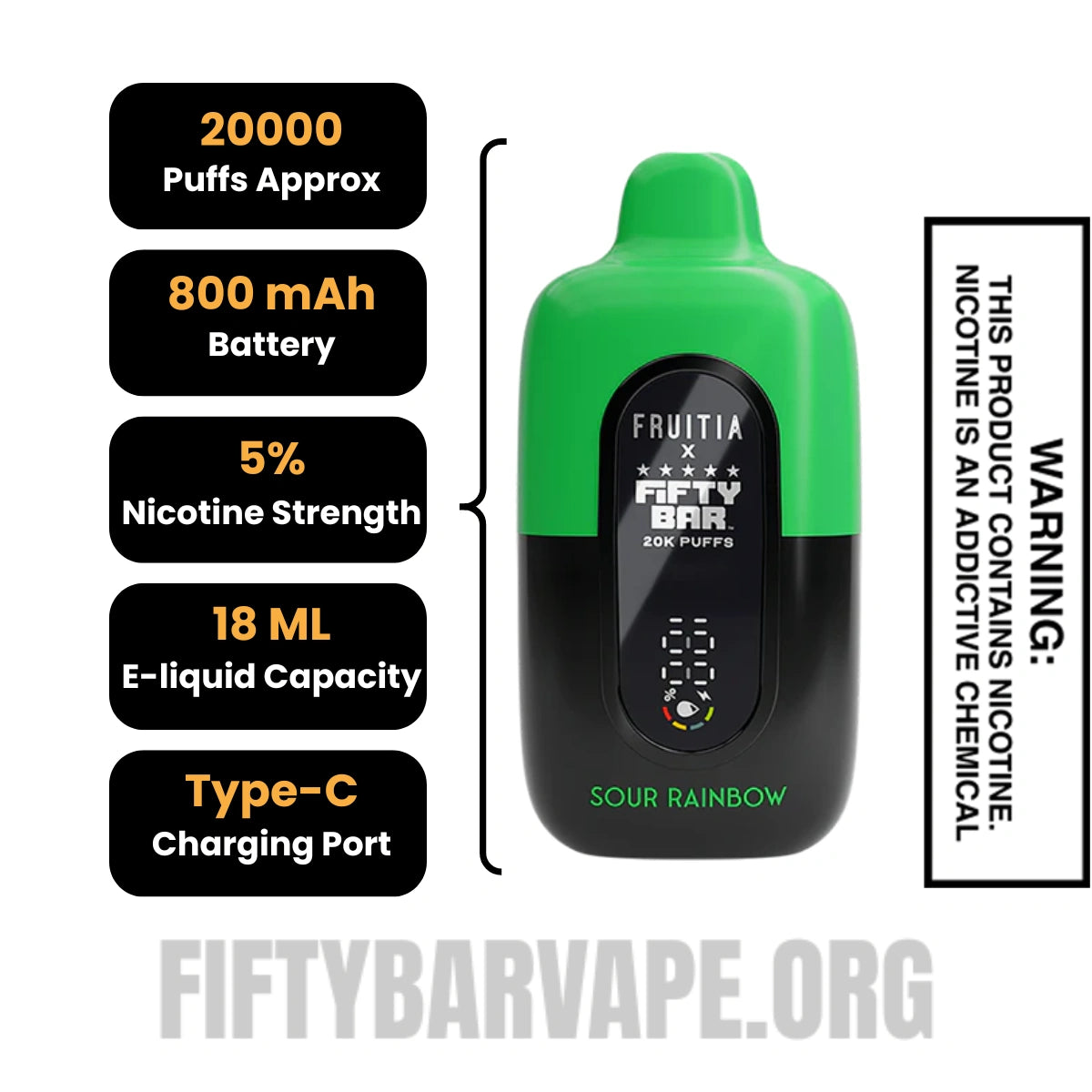 Sour Rainbow Fruitia X Fifty Bar 20K Disposable Vape Specifications Sour Rainbow Fruitia X Fifty Bar 20K Disposable Vape Specifications