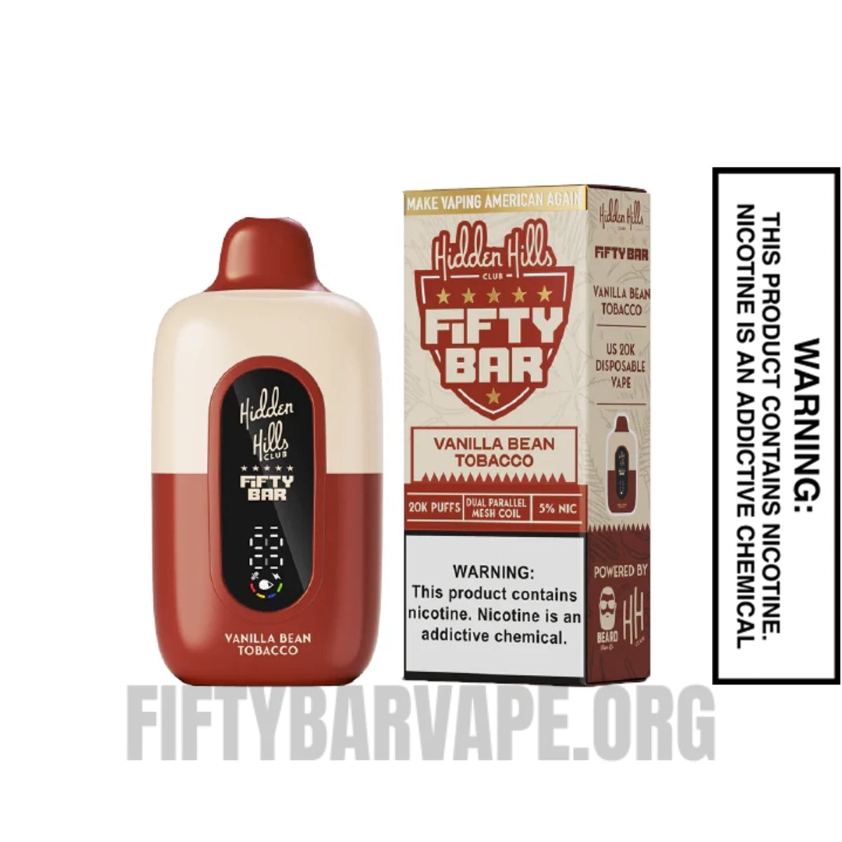 Vanilla Bean Tobacco Hidden Hills X Fifty Bar 20K Vape With Package Box Vanilla Bean Tobacco Hidden Hills X Fifty Bar 20K Vape With Package Box