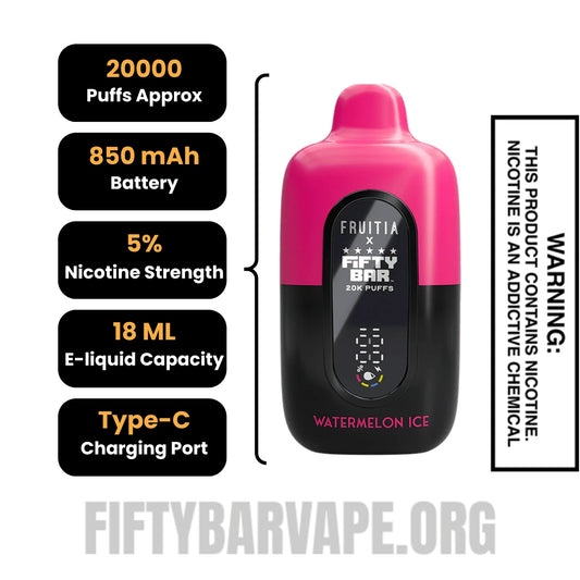 Watermelon Ice Fruitia X Fifty Bar 20K Disposable Vape Specifications Watermelon Ice Fruitia X Fifty Bar 20K Disposable Vape Specifications