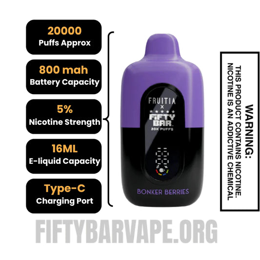 Bonker Berries Fruitia X Fifty Bar 20K Vape Specifications