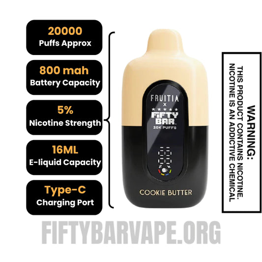 Cookie Butter Fruitia X Fifty Bar 20K Vape Specifications 