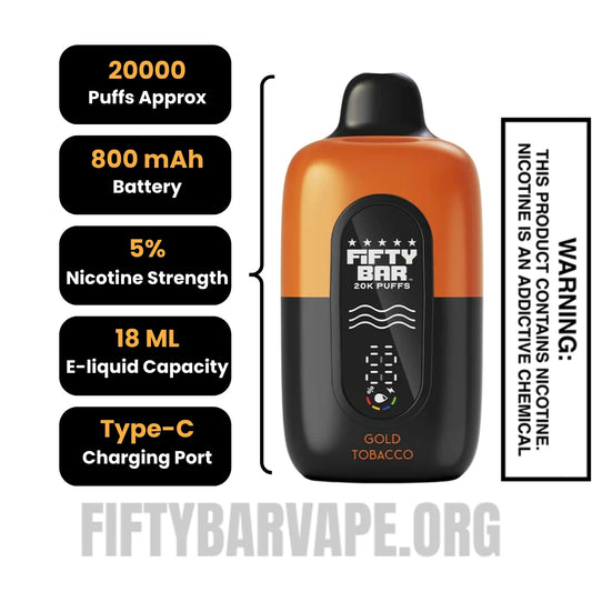 Gold Tobacco Fifty Bar 20K Disposable Vape Specifications