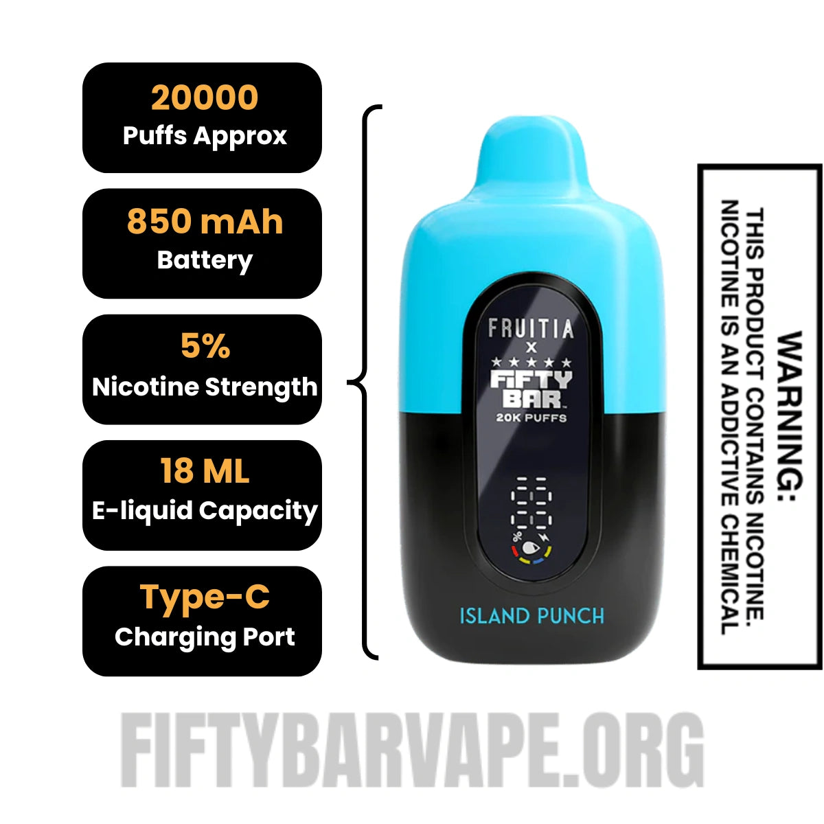 Island Punch Fruitia X Fifty Bar 20K Disposable Vape  Specifications