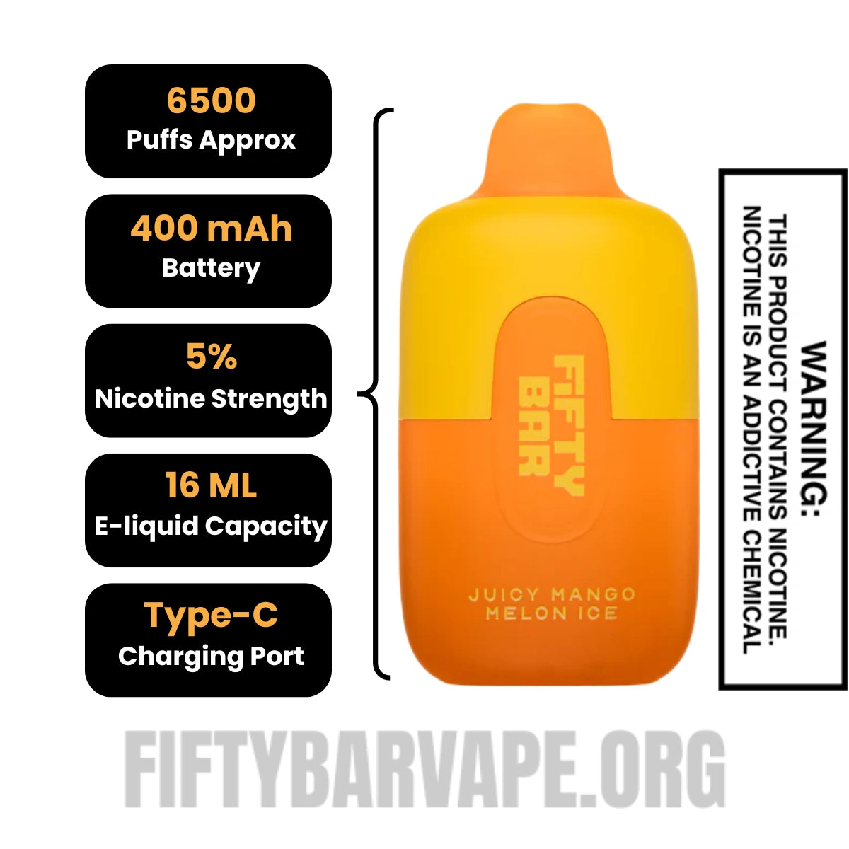 Juicy Mango Melon Ice Fifty Bar Disposable Vape Specifications