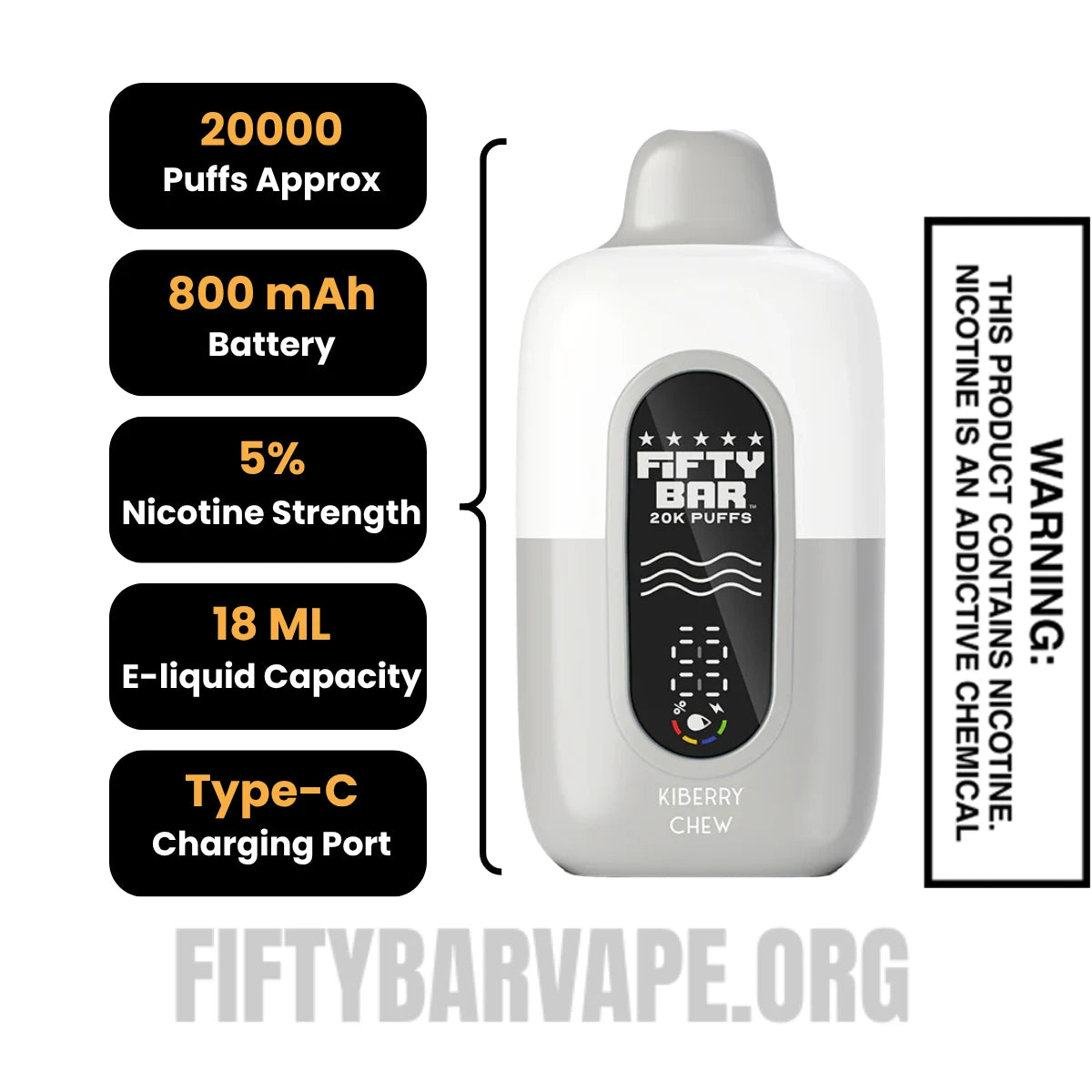 Kiberry Chew Fifty Bar 20K Disposable Vape Specifications