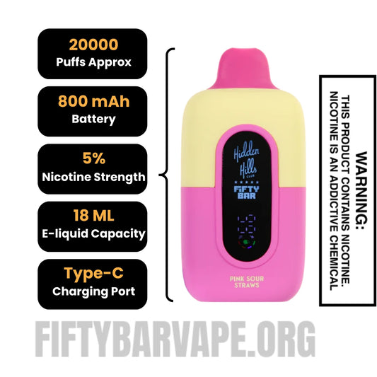 Pink Sour Straws Hidden Hills X Fifty Bar 20K Vape Specifications