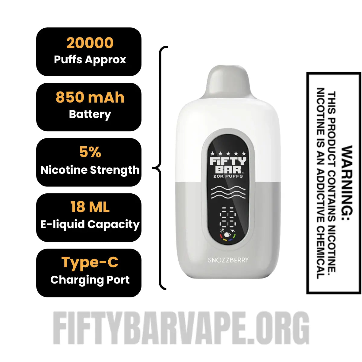 SnozzBerry Fifty Bar 20K Disposable Vape Specifications