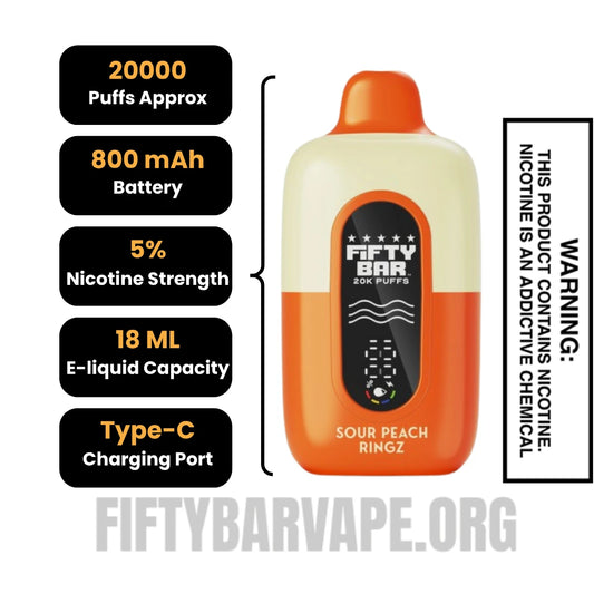 Sour Peach Ringz Hidden Hills X Fifty Bar 20K Vape Specifications