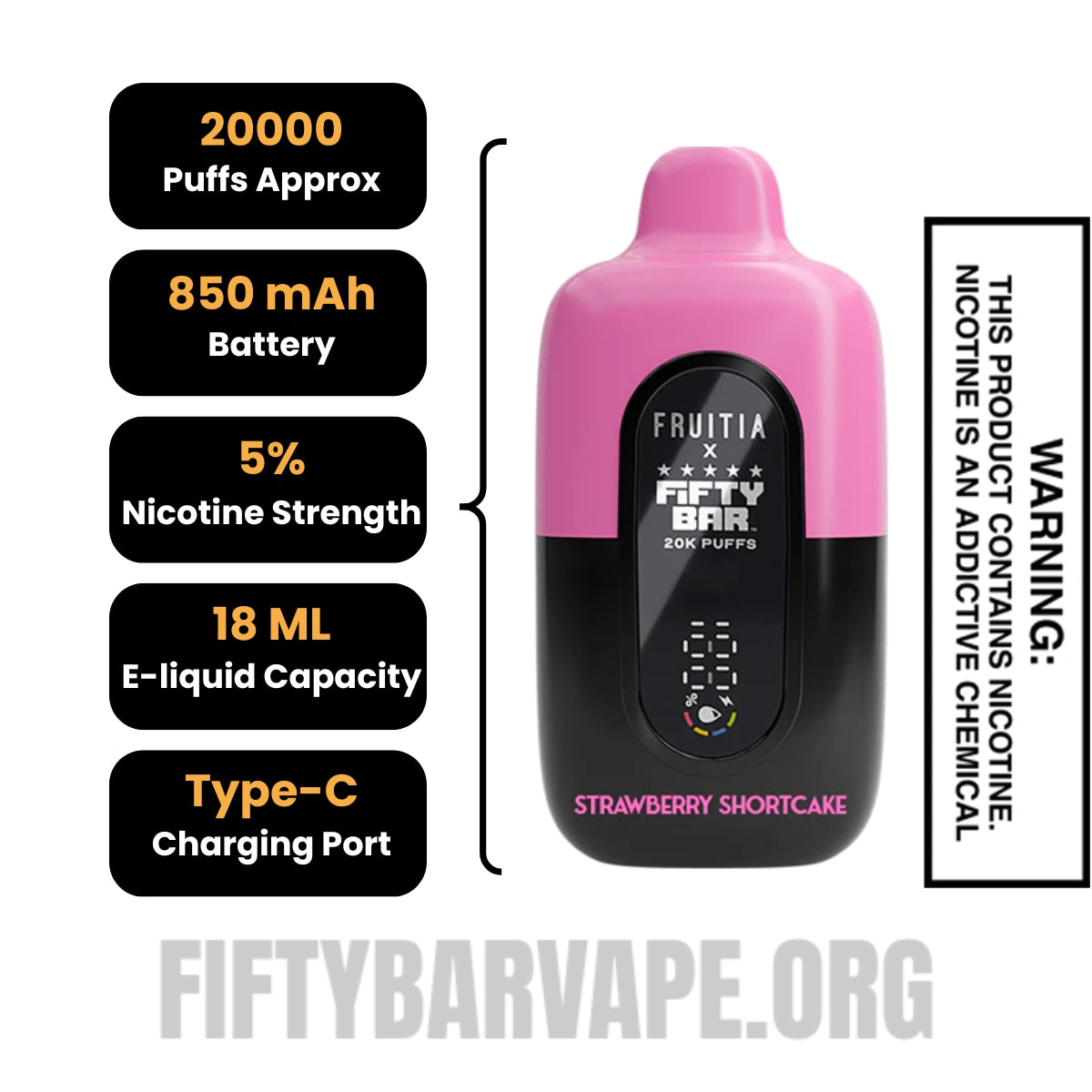 Strawberry Shortcake Fruitia X Fifty Bar 20K Disposable Vape Specifications