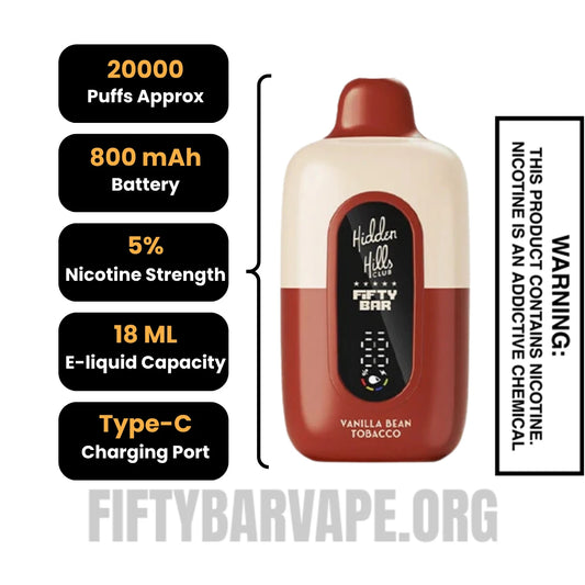 Vanilla Bean Tobacco Hidden Hills X Fifty Bar 20K Vape Specifications