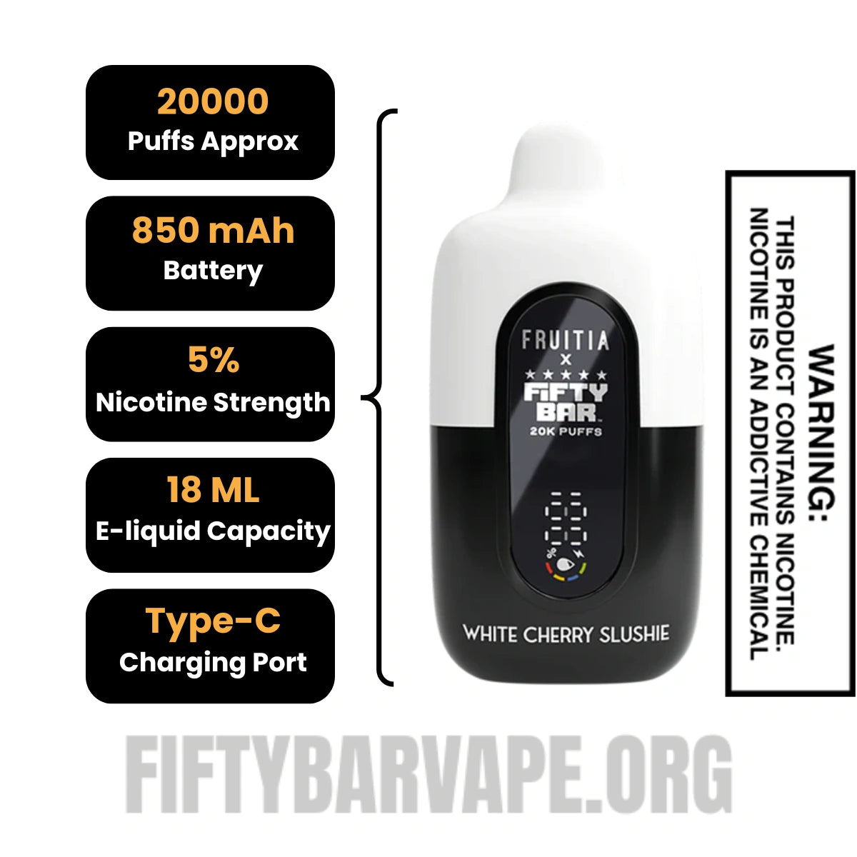 White Cherry Slushie Fruitia X Fifty Bar 20K Disposable Vape Specifications