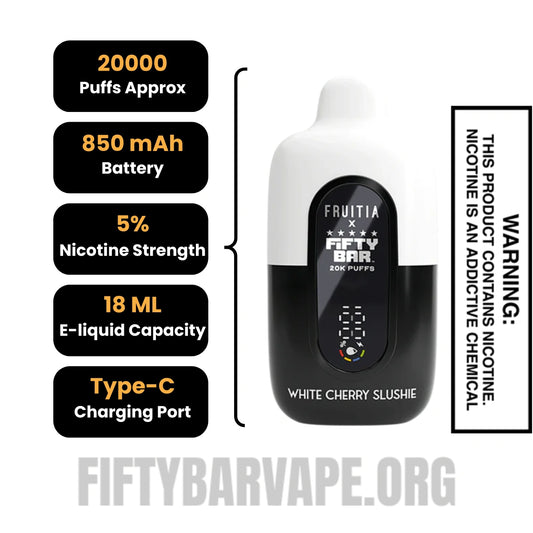 White Cherry Slushie Fruitia X Fifty Bar 20K Disposable Vape Specifications